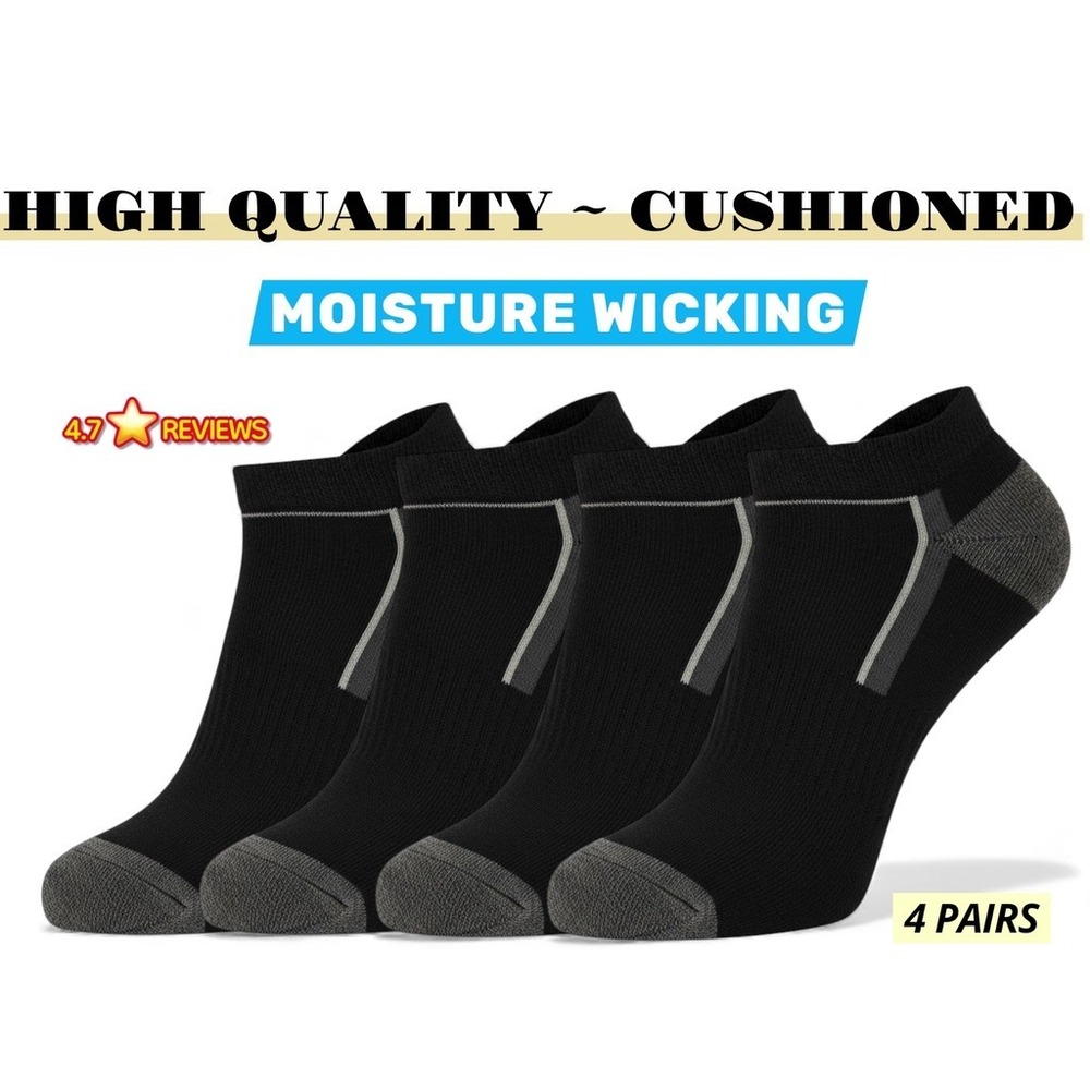 Unisex Thick Cushioned Athletic Low Cut Socks BLACK 7-13 High Quality 4 Pack